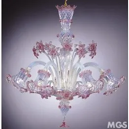 Chandelier in opal glass and pink decoration at five lights